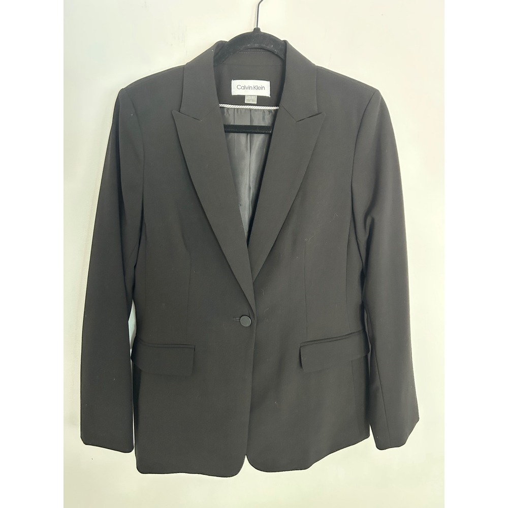 Calvin Klein Womens Black Single Button Peaked Lapel Blazer Size 8
